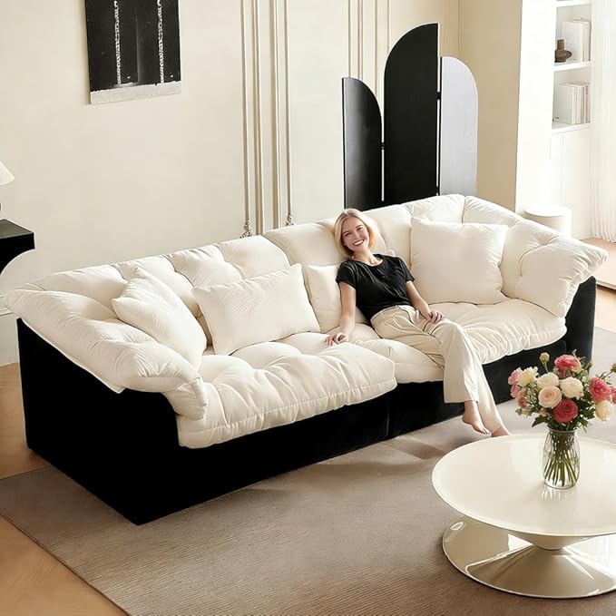 Cat Scratch Fabric Sofa Living Room 2026 new Straight Row Black and White Color Blocked French Lazy Snow and Wind Neil Cloud Fabric Sofa | Cat scratch fabric