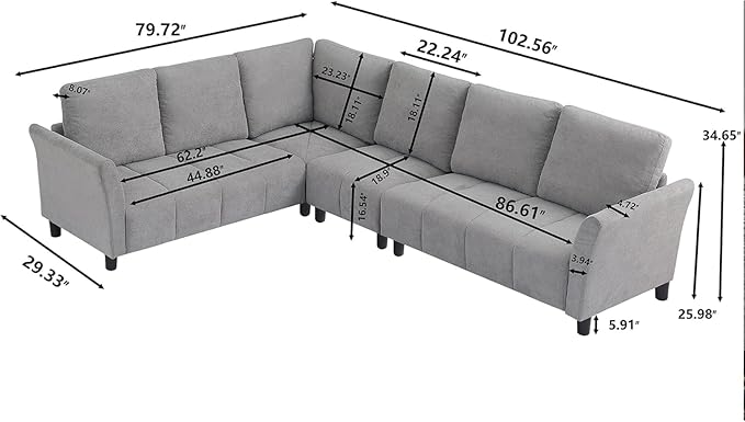 Convertible Sectional Sofa Couch, 102" L Shaped Couch with Back Cushions, Modern Upholstered Fabric 6-Seat Reversible Sofa Set for Living Room, Apartment, Office, Light Grey