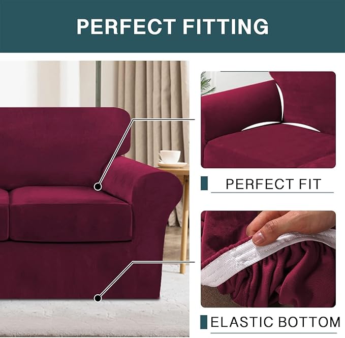 FantasDecor 3 Piece Sofa Covers Velvet for 2 Cushion Couch Stretch Loveseat Slipcover with Individual Seat Elastic Furniture Protector for Pets (Sofa, Burgundy)