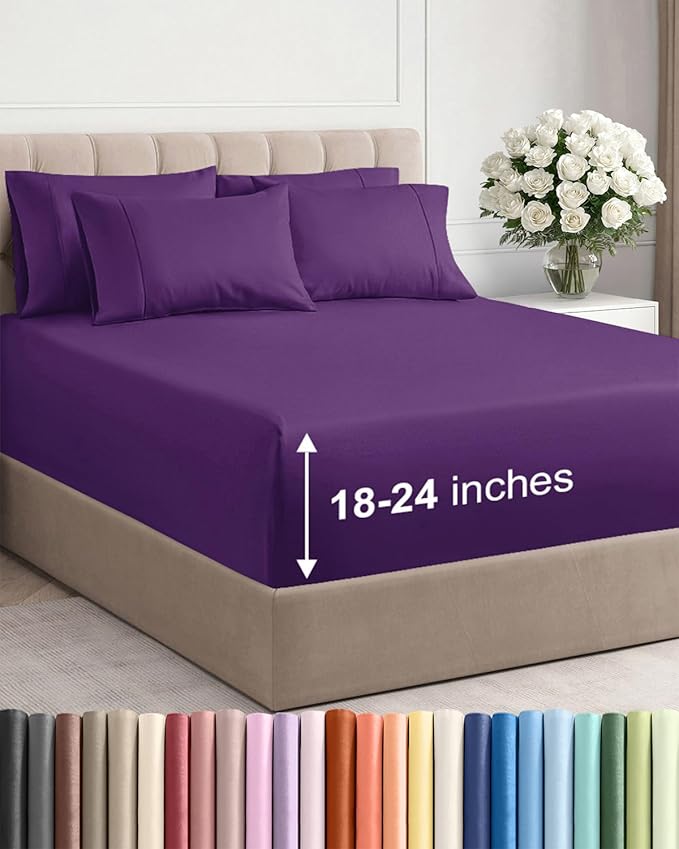 Extra Deep Full Sheet Set - 6 Piece Breathable and Cooling Sheets - Hotel Luxury Bedding for Women, Men, Kids & Teens - Easy & Secure Fit - Soft, Wrinkle Free and Comfy - Extra Deep Pockets - Purple
