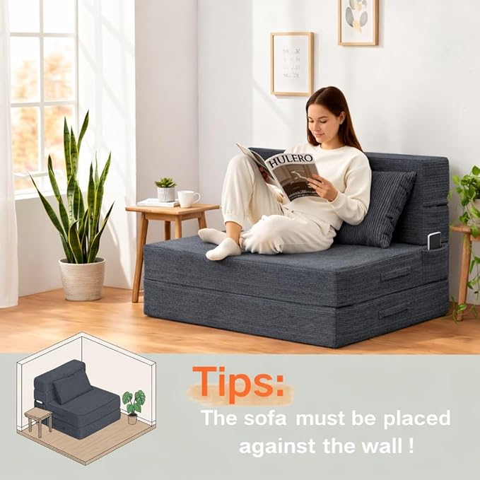 Folding Sofa Bed, 4 in 1 Convertible Sleeper Chair with Pillow, Twin Memory Foam Fold Out Chair Bed, Modern Floor Futon Sofa Couch Mattress for Living Room/Guest/Apartment, Dark Grey