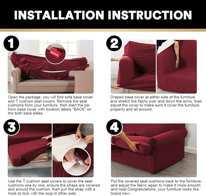 PrinceDeco T Cushion Sofa Slipcover 3 Pieces Sofa Covers for T Cushion Couch Soft Couch Covers Sofa Slip Cover Furniture Covers with 2 Individual T Shape Seat Covers Width Up to 88", Burgundy
