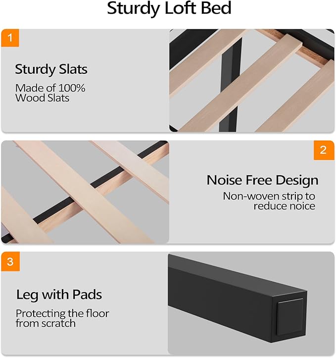 VINGLI Junior Low Loft Bed with Stairs, 47 Inches High Sleeper Bed Full Size for Adults, Kids and Young Teens, No Box Spring Required, Solid Wood Slat Support, Black