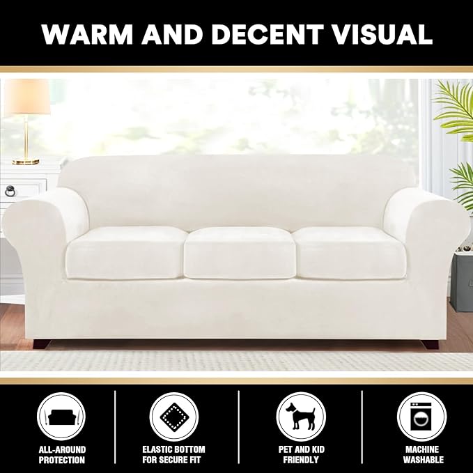 PrinceDeco Velvet Couch Covers for Sofa Soft 4 Pieces Couch Covers for 3 Cushion Couch Sofa Pet Friendly Furniture Protector with Non Slip Elastic Bottom Width Up to 90 Inch (Large, Porcelain)