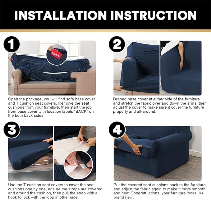 PrinceDeco T Cushion Sofa Slipcover 3 Pieces Sofa Covers for T Cushion Couch Soft Couch Cover Sofa Slip Covers Furniture Covers with 2 Individual T Shape Seat Cover Width Up to 88", Navy