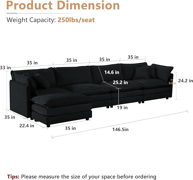 mikibama Modular Sectional Sofa, 146.5 Inch L Shaped Couch Set for Living Room, 4-Seater Comfy Cloud Couches with Movable Ottoman, DIY Combination, Chenille, Black