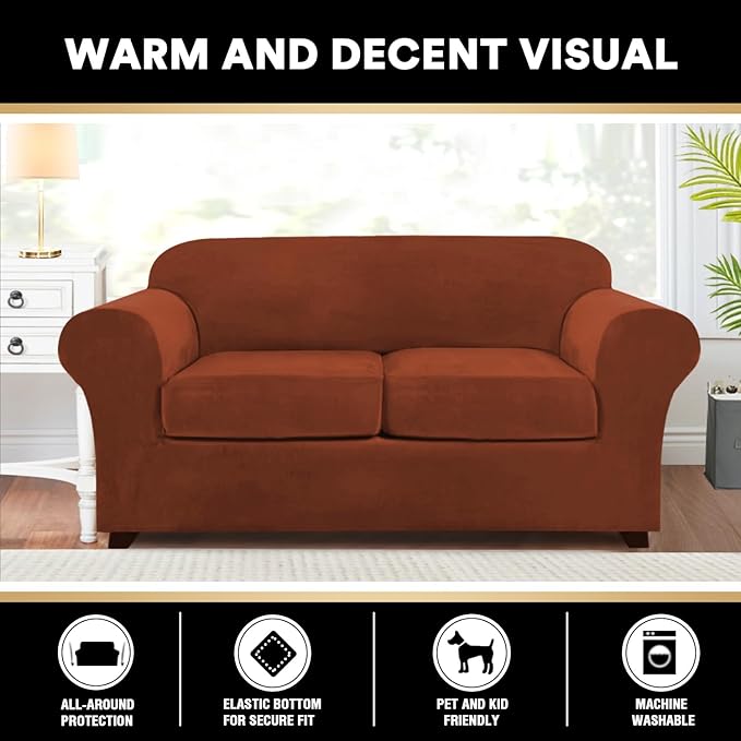 PrinceDeco Velvet Couch Cover Loveseat Covers for 2 Cushion Couch 3 Piece Sofa Covers for Dogs Washable Loveseat Covers Width Up to 72 Inch No Slip Stretch Sofa Slipcover(Medium, Rust)
