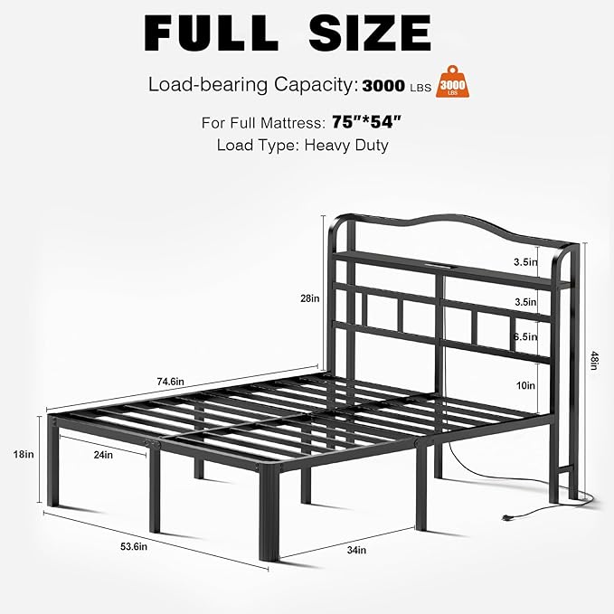 Full Size Bed Frame with Headboard 18 Inch Tall Bed Frames with Storage & Charging Station Black Basic Bed Base Mattress Foundation,No Box Spring Needed,Heavy Duty Metal (18 Inch, Full)