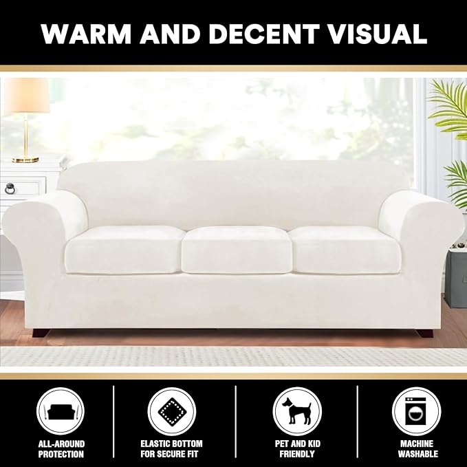 PrinceDeco Velvet Couch Covers for Sofa Soft 4 Pieces Couch Covers for 3 Cushion Couch Sofa Pet Friendly Furniture Protector with Non Slip Elastic Bottom Width Up to 97 Inch (Large Sofas, Porcelain)
