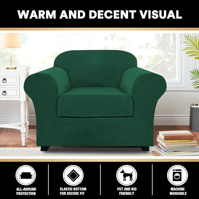 PrinceDeco 2 Piece Chair Cover Velvet Chair Slipcovers Soft Armchair Cover Furniture Protector with Arms Width Up to 49 Inch Chair Sofa Cover with Individual Cushion Covers(Small, Green)