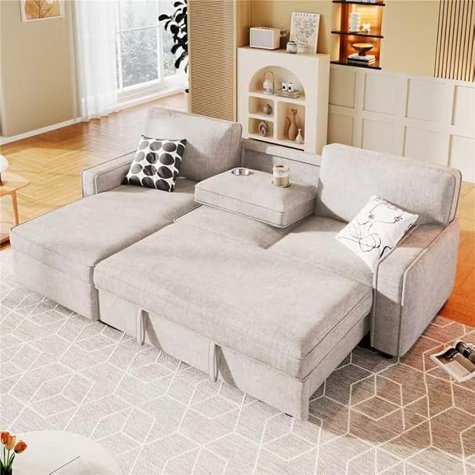 LUMISOL 89" Convertible Sleeper Sofa Bed, Modern L-Shaped Sectional Couch Bed with Convertible Chaise, Chenille Pull Out Sofa with Cup Holders & Charging Station for Living Room, Beige