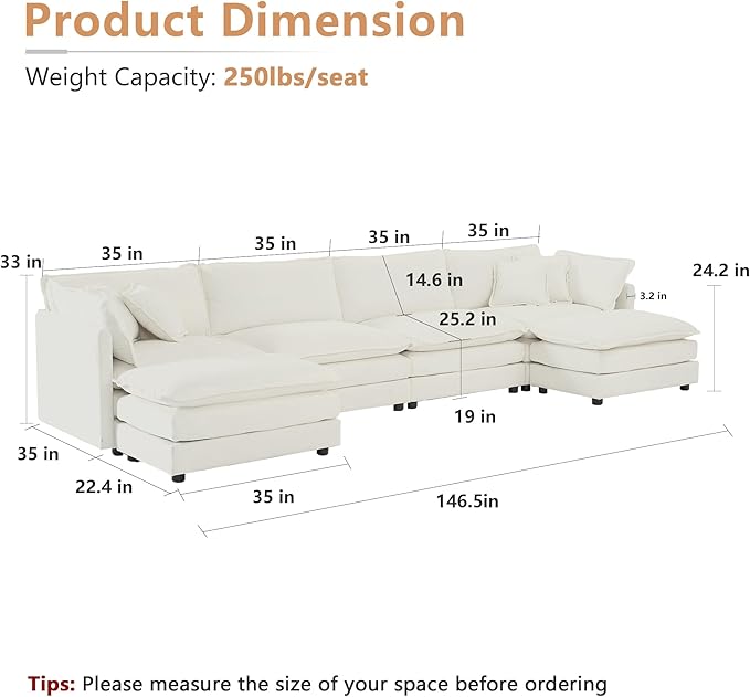 mikibama Modular Sectional Sofa, 146.5 Inch U Shaped Couch Set for Living Room, 4-Seater Comfy Cloud Couches with Two Movable Ottoman, DIY Combination, Chenille, Beige