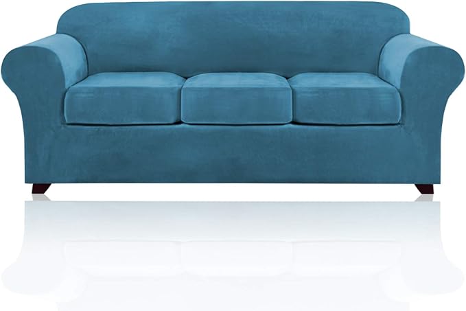 PrinceDeco Velvet Couch Covers for Sofa Soft 4 Pieces Couch Covers for 3 Cushion Couch Sofa Pet Friendly Furniture Protector with Non Slip Elastic Bottom Width Up to 90 Inch (Large, Blue)