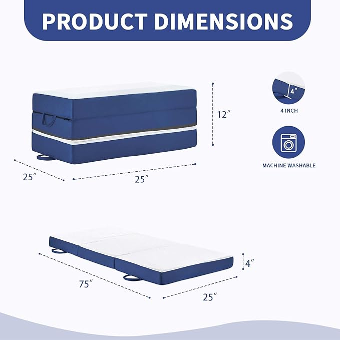 CYMULA Folding Mattress Single Size,4 inch Memory Foam Tri-Fold Single Floor Mattress Topper with Breathable & Washable Cover,Lightweight Foldable Mat for Camping,Naps and Guests(25"×75"×4")
