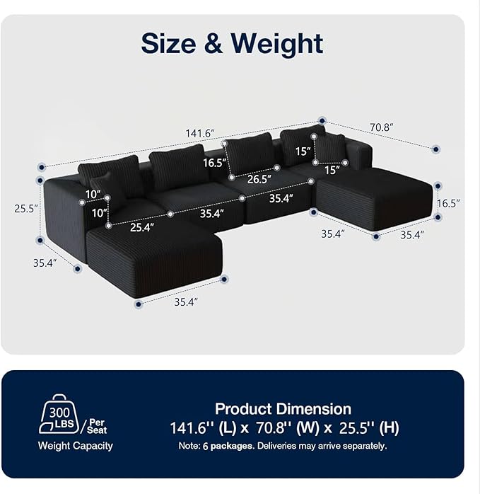 Avenco 141” U-Shaped Modular Sectional with 2 Ottomans, Individually Wrapped Coil Support & Corduroy Fabric, Zero Assembly 6-Piece Set for Spacious Living Room, Black