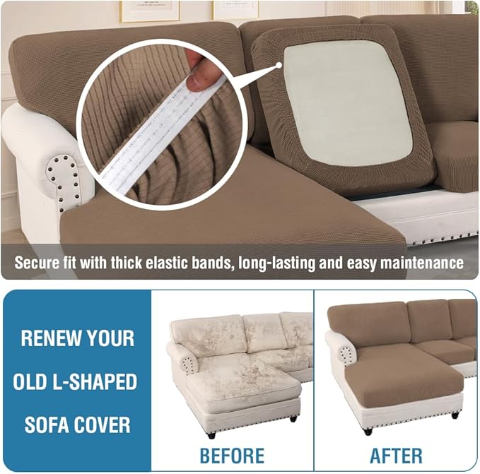 H.VERSAILTEX Sectional Couch Covers 3 Pieces Sofa Seat Cushion Covers L Shape Separate Cushion Couch Chaise Cover for Both Left/Right Sectional Couch (Seat Only: 1 Chaise + 2 Sofa, Macchiato)