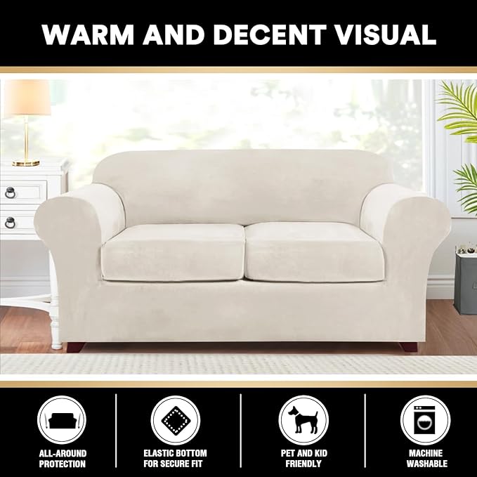 PrinceDeco Velvet Couch Cover Loveseat Covers for 2 Cushion Couch 3 Piece Sofa Covers for Dogs Washable Loveseat Covers Width Up to 72 Inch No Slip Stretch Sofa Slipcover(Medium, Cream)