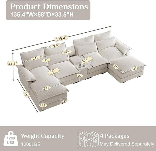 135" U Shaped Cloud Couch Sectional Modular Sectional Couches for Living Room Oversized Comfy Chenille Sofa Cloud Couch Set with Storage Central Console, USB Ports, Chaise Lounge, Ottoman, Cream White