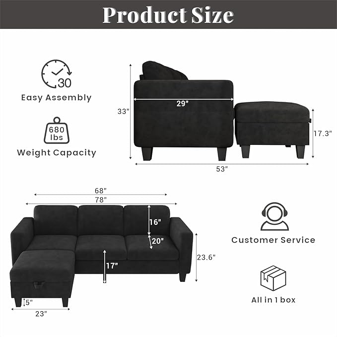 Sectional Sofa and Couches for Living Room - 78''L Shaped Black Velvet Couch-Pet Friendly Modular 3-Seater Convertible Sofas-Washable Covers-Suitable for The Living Room, Apartment or Bedroom