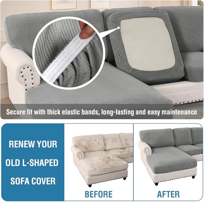 H.VERSAILTEX Sectional Couch Covers 6 Pieces Stretch Sofa Covers for Sectional Sofa Set Separate L Shaped Couch Cover for Both Left/Right Couch (Seat and Back: 1 Chaise + 2 Sofa, Dove)