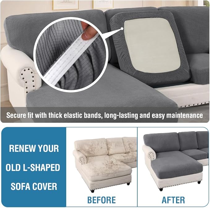 H.VERSAILTEX Sectional Couch Covers 8 Pieces Stretch Sofa Covers for Sectional Sofa Set Separate L Shaped Couch Cover for Both Left/Right Couch (Seat and Back: 1 Chaise + 3 Sofa, Grey)