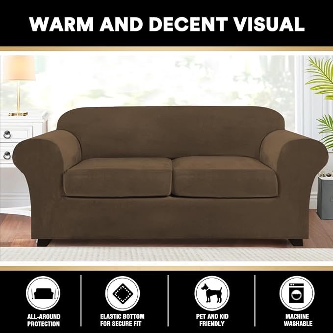 PrinceDeco Couch Cover Velvet Plush Sofa Covers for 2 Cushion Couch Width Up to 90 Inch Washable Furniture Protector Pet Friendly No Slip Sofa Slipcover(Medium-Large, Bronze Brown)