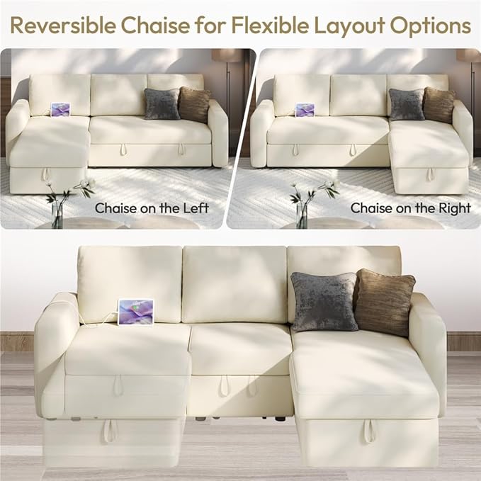 Yaheetech Sectional Sofa L-Shaped Sofa Couch Bed w/Chaise & USB, Reversible Couch Sleeper w/Pull Out Bed & Storage Space Living Room Beige