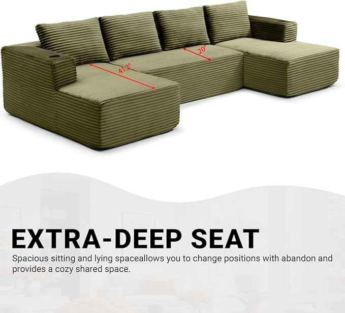 132 Inch Modular Sectional Sleeper Sofa, Boneless Cloud Couch for Living Room, U Shaped 5 Seat Sofa with 2 Cup Holders, Free Combination, No Assembly Required (Green)
