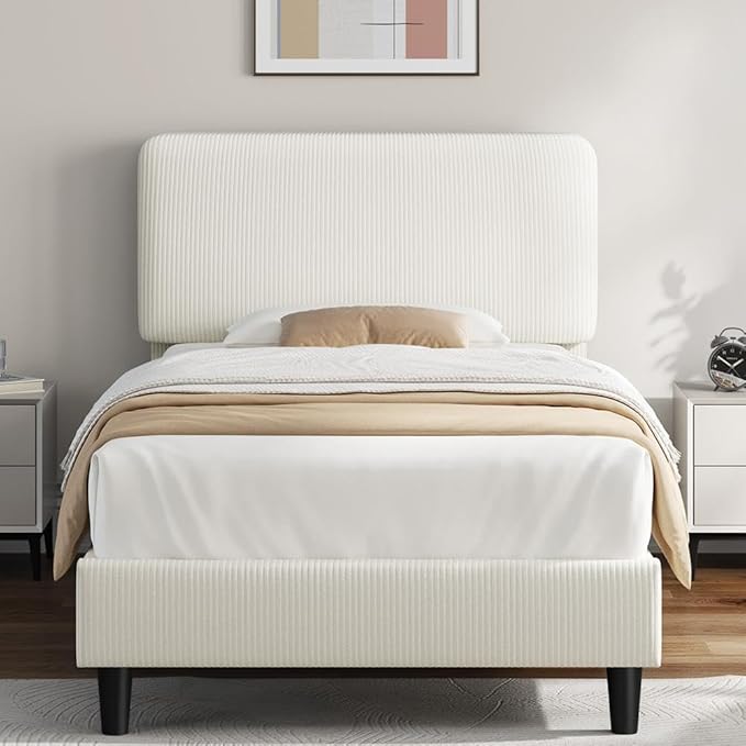 Yaheetech Twin Bed Frames with Adjustable Headboard, Chenille Fabric Upholstered Headboard/Platform Bed, Twin Size Bed Frame No Box Spring Needed/Mattress Foundation/Wood Slats Support/Easy Assembly