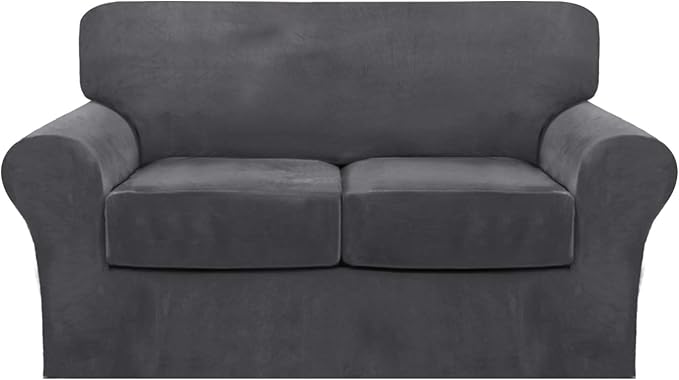 FantasDecor 3 Piece Sofa Covers Velvet for 2 Cushion Couch Stretch Loveseat Slipcover with Individual Seat Elastic Furniture Protector for Pets (Loveseat, Gray)