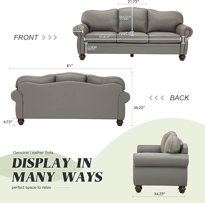 HULALA Home 81'' Upholstered Leather Sofa with Nailhead Trim and Rolled Armrests, Mid-Century Modern Living Room 3-Seater Couch, Grey Couch with Removable Cushion for Bedroom Apartment