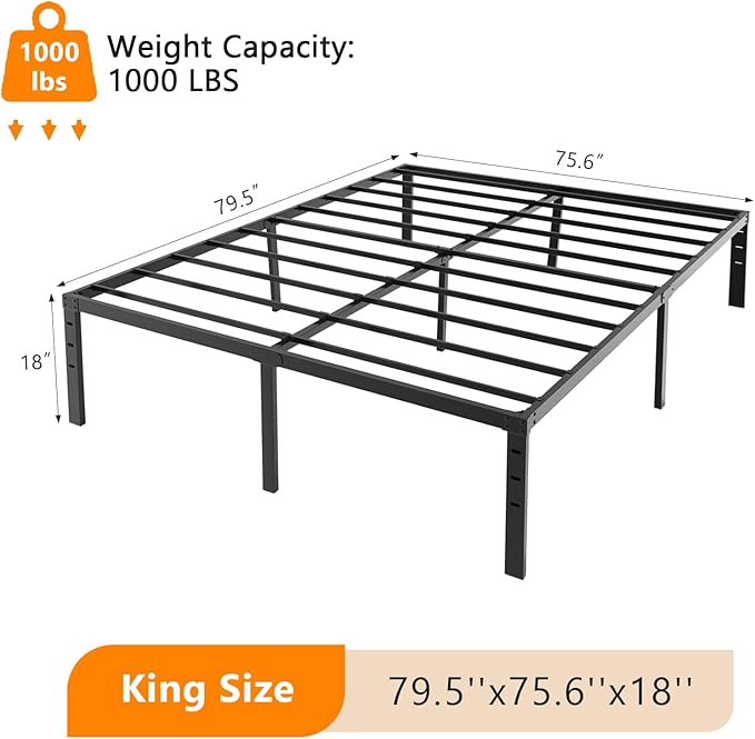 18 Inch King Bed Frame, Heavy Duty Metal Platform - No Box Spring Needed,Reinforced Steel Slats, Noise-Free, Easy Assembly, Ample Underbed Storage, Black