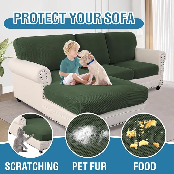 H.VERSAILTEX Sectional Couch Covers 8 Pieces Stretch Sofa Cover for Sectional Sofa Set Separate L Shaped Couch Cover for Both Left/Right Couch (Seat and Back: 1 Chaise + 3 Sofa, Bronze Green)