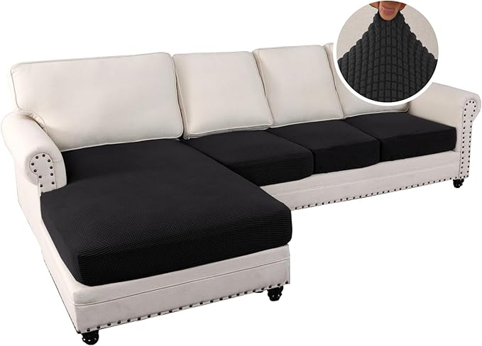 H.VERSAILTEX Sectional Couch Covers 4 Pieces Sofa Seat Cushion Covers L Shape Separate Cushion Couch Chaise Cover for Both Left/Right Sectional Couch (Seat Only: 1 Chaise + 3 Sofa, Black)