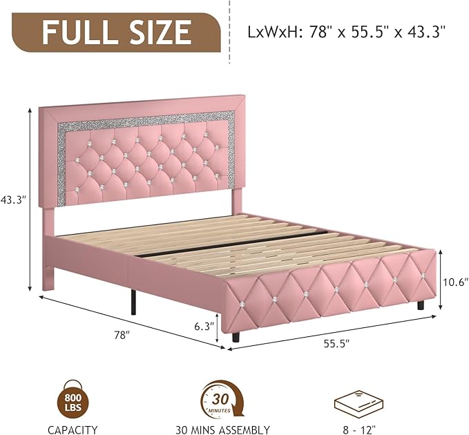 Full Bed Frame, Faux Leather Platform Bed with Upholstered Diamond Headboard, Mattress Foundation with Strong Wooden Slats Support, No Box Spring Required, Easy Assembly, Pink