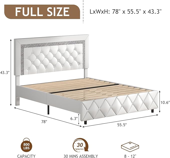 Full Bed Frame, Faux Leather Platform Bed with Upholstered Diamond Headboard, Mattress Foundation with Strong Wooden Slats Support, No Box Spring Required, Easy Assembly, White