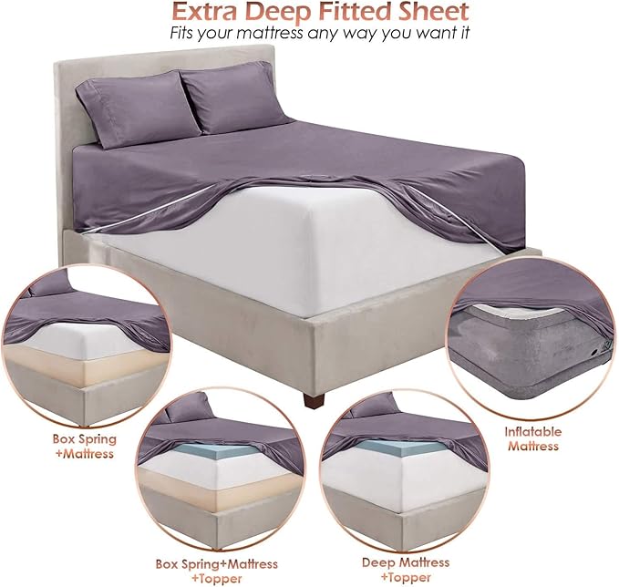 Hearth & Harbor Bed Sheets, Luxury Soft 6 Piece Bed Sheet Set Extra Deep Pocket Fitted Sheets Fits Mattress up to 21", Double Brushed Bedding Sheets & Pillowcases, Split King, Purplish Gray
