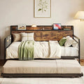 LIKIMIO Twin Daybed, Daybeds with Pop Up Trundle, Storage Headboard with Charging Station, Strong Supports for Apartment and Other Small Space, Industrial Brown