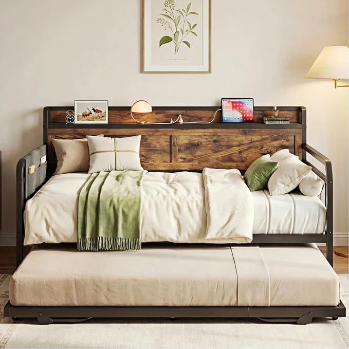 LIKIMIO Twin Daybed, Daybeds with Pop Up Trundle, Storage Headboard with Charging Station, Strong Supports for Apartment and Other Small Space, Industrial Brown