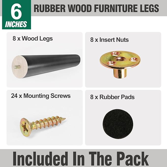 FoDau770 Black Rubber Wood Furniture Legs 6 Inches, Slant Tapered Wood Feet Mid Century Sofa Legs Set of 8, 5/16" UNC Furniture Feet Replacement Parts for Cabinet Couch Dresser Chair Ottoman Table