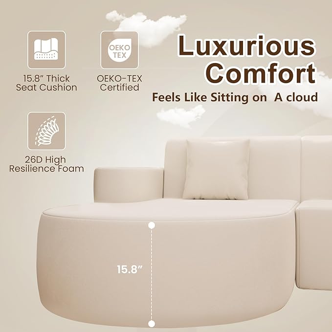 MELLCOM Modern Curved Boneless Sofa Couch, L-Shaped Corner Sofa, No Assembly Needed, Chenille Upholstered Cloud Sectional Couch for Living Room, Bedroom and Apartment (Beige, Left Hand Facing)