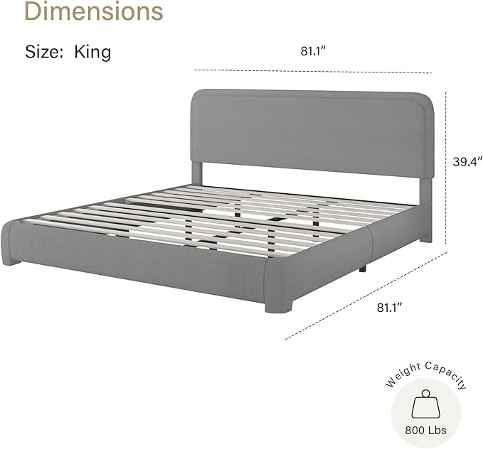 BarnFurin King Size Boucle Bed Frame and Headboard, Cloud Upholstered Platform Bed Frame, Soft Rounded Corners, No Box Spring Required, Non-Slip and Noise-Free, Easy Assembly, Light Grey