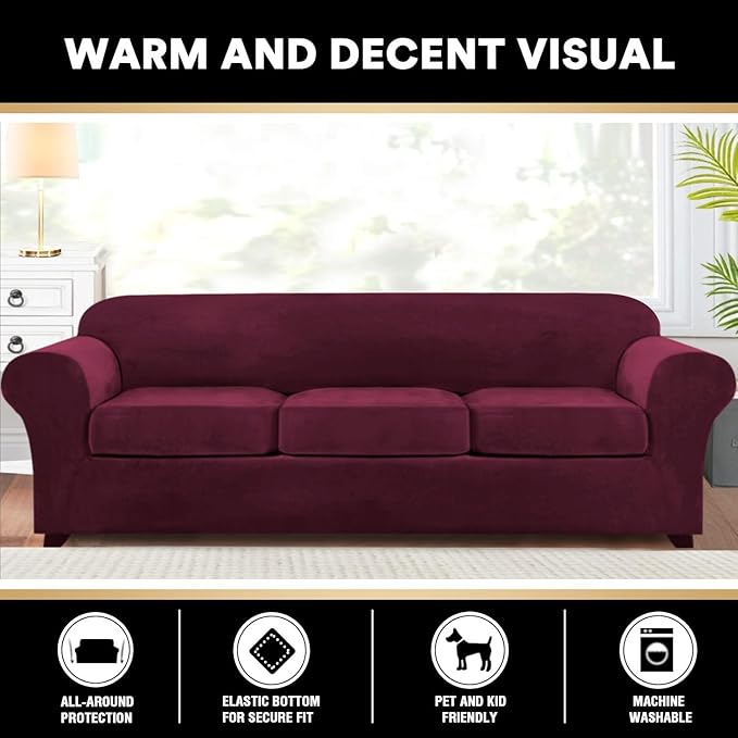 PrinceDeco Velvet Couch Covers for Sofa Soft 4 Pieces Couch Covers for 3 Cushion Couch Sofa Pet Friendly Furniture Protector with Non Slip Elastic Bottom Width Up to 97 Inch (Large Sofas, Burgundy)