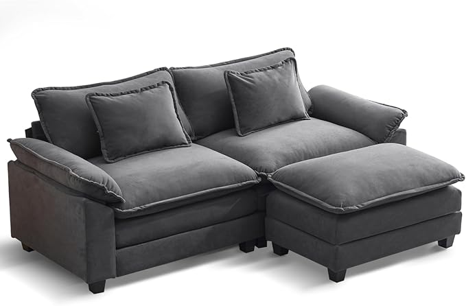 86" Modular Sectional Sofa, Comfy Cloud Couch Sectional Sofa with Ottoman, Velvet Sofa Sleeper Deep Seat Sofa with Throw Pillows for Living Room (Blue Gray, 86"- L Shape)