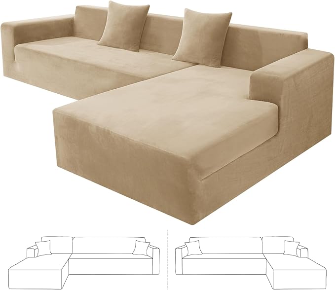 ZNSAYOTX 2026 Soft Velvet Sectional Couch Covers, Luxury Plush Slipcovers with Elastic Bottom for L Shape Sectional Sofa, 2 Pcs Pet Friendly Protector (3 Seat Couch + 2 Seat Chaise, Camel)