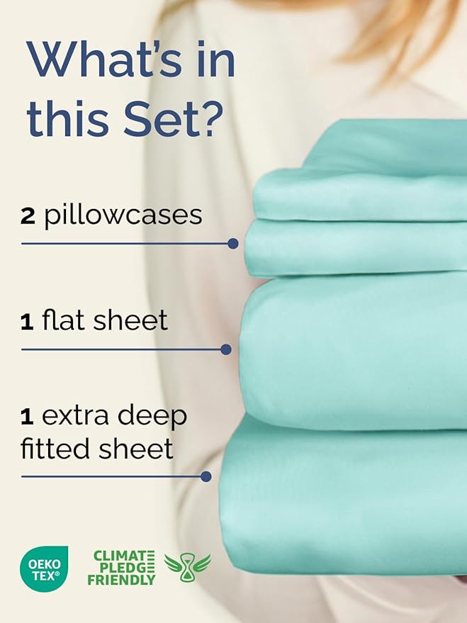 Extra Deep Twin XL Sheet Set - 4 Piece Breathable and Cooling Sheets - Hotel Luxury Bedding for Women, Men, Kids & Teens - Easy Secure Fit - Soft, Wrinkle Free & Comfy - Extra Deep Pockets - Spa Blue