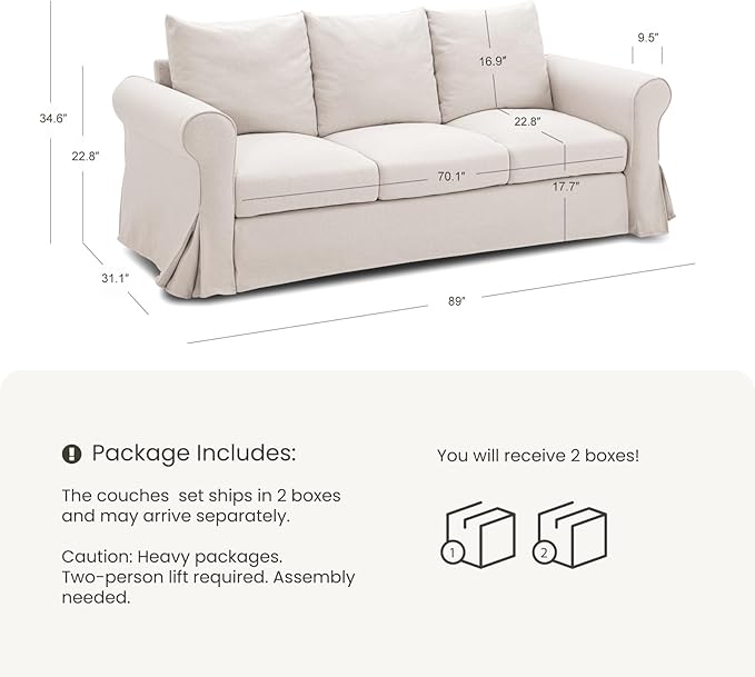 89" 3-Seater Couch for Living Room, Slipcovered Sofa, Beige Couches with Washable Cover, Supportive Cushions & Sturdy Frame, for Small Spaces, Apartment, Office, Easy Assembly