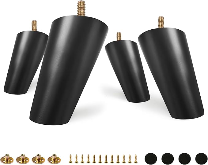 FoDau770 Black Rubber Wood Furniture Legs 4 Inches, Slant Tapered Wood Feet Mid Century Sofa Legs Set of 8, 5/16" UNC Furniture Feet Replacement Parts for Cabinet Couch Dresser Chair Ottoman Table