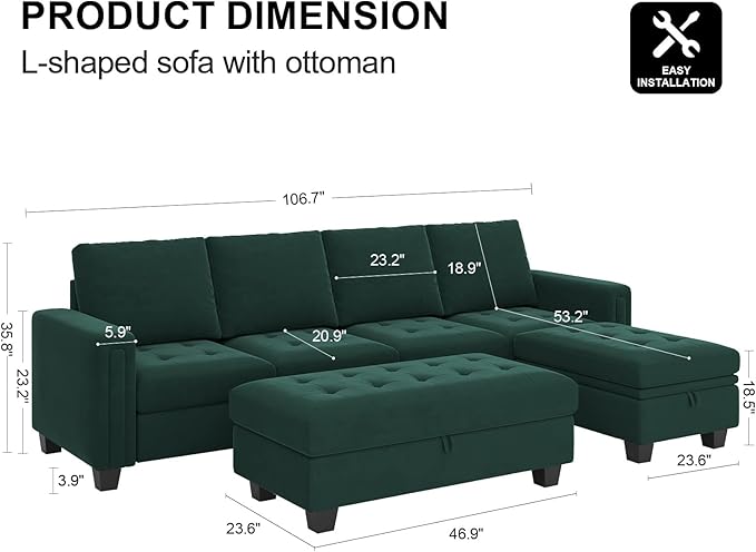 Belffin Velvet Convertible 4-Seat Sectional Sofa with Reversible Chaise L Shaped Sofa Couch Furniture Sets Sectional Couch with Storage Ottoman Green