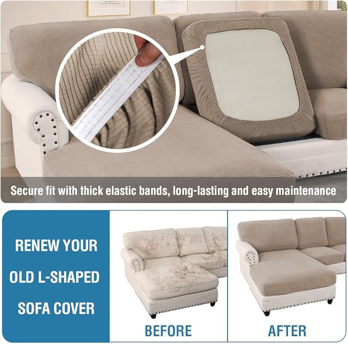 H.VERSAILTEX Sectional Couch Covers 8 Pieces Stretch Sofa Covers for Sectional Sofa Set Separate L Shaped Couch Cover for Both Left/Right Couch (Seat and Back: 1 Chaise + 3 Sofa, Sand)